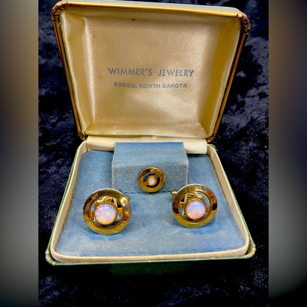 Gold Tone Round Tie Tack & Cufflinks Moonstone Opalite Mens Jewelry Original Box